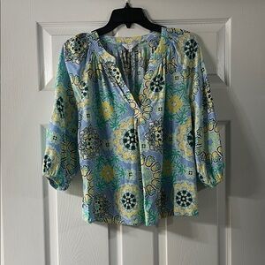 Crown & Ivy Blue and Yellow Floral Blouse